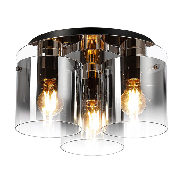 Belstone Triple Round Flush Ceiling Light in Polished Nickel & Black with Smoke Fade Glass