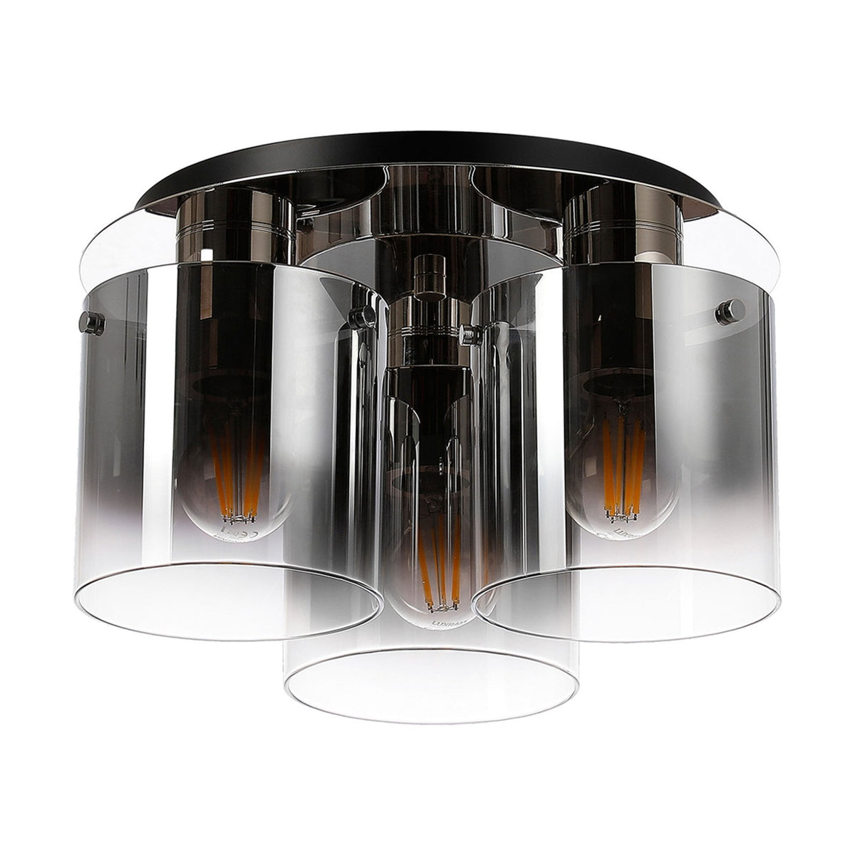 Belstone Triple Round Flush Ceiling Light in Polished Nickel & Black with Smoke Fade Glass