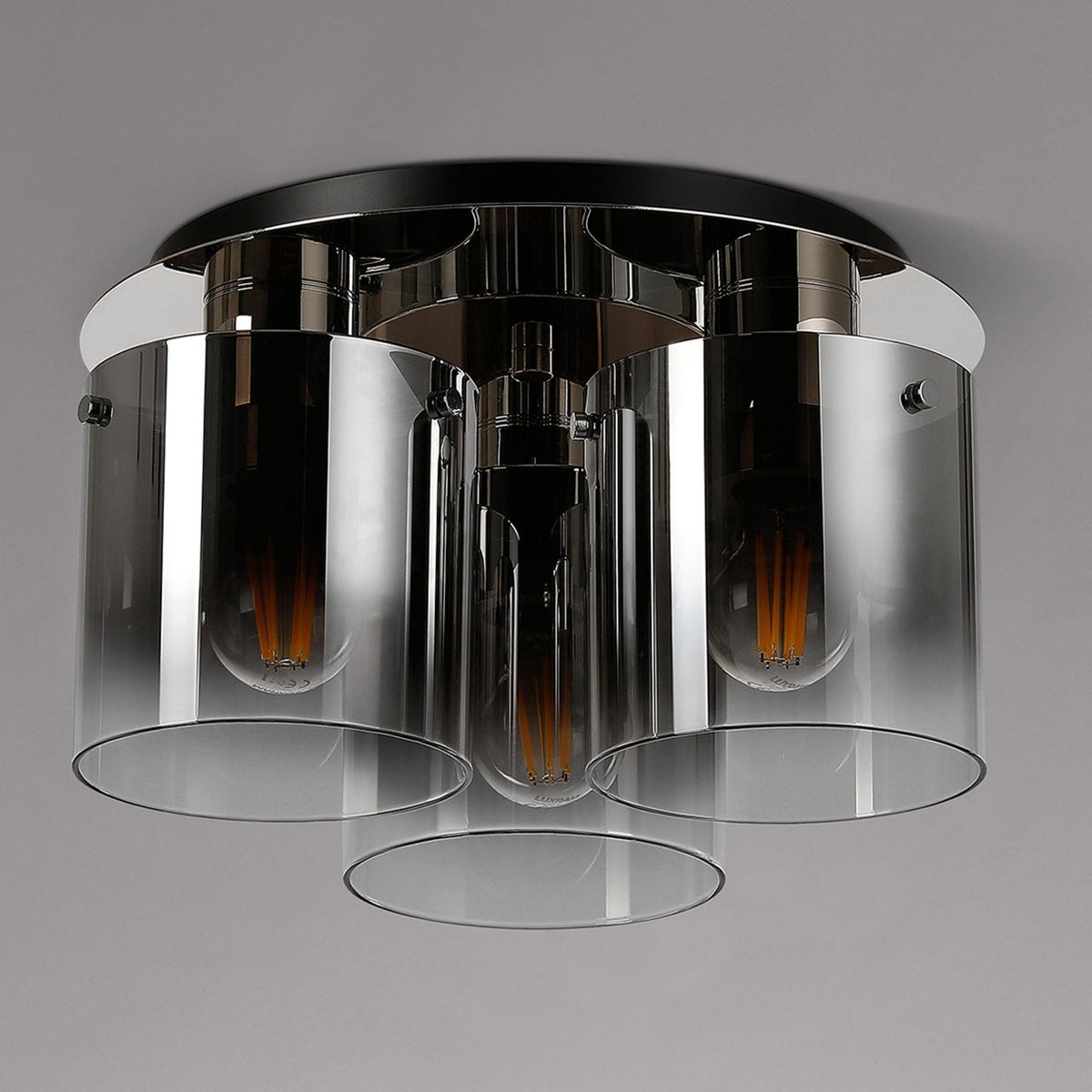 Belstone Triple Round Flush Ceiling Light in Polished Nickel & Black with Smoke Fade Glass