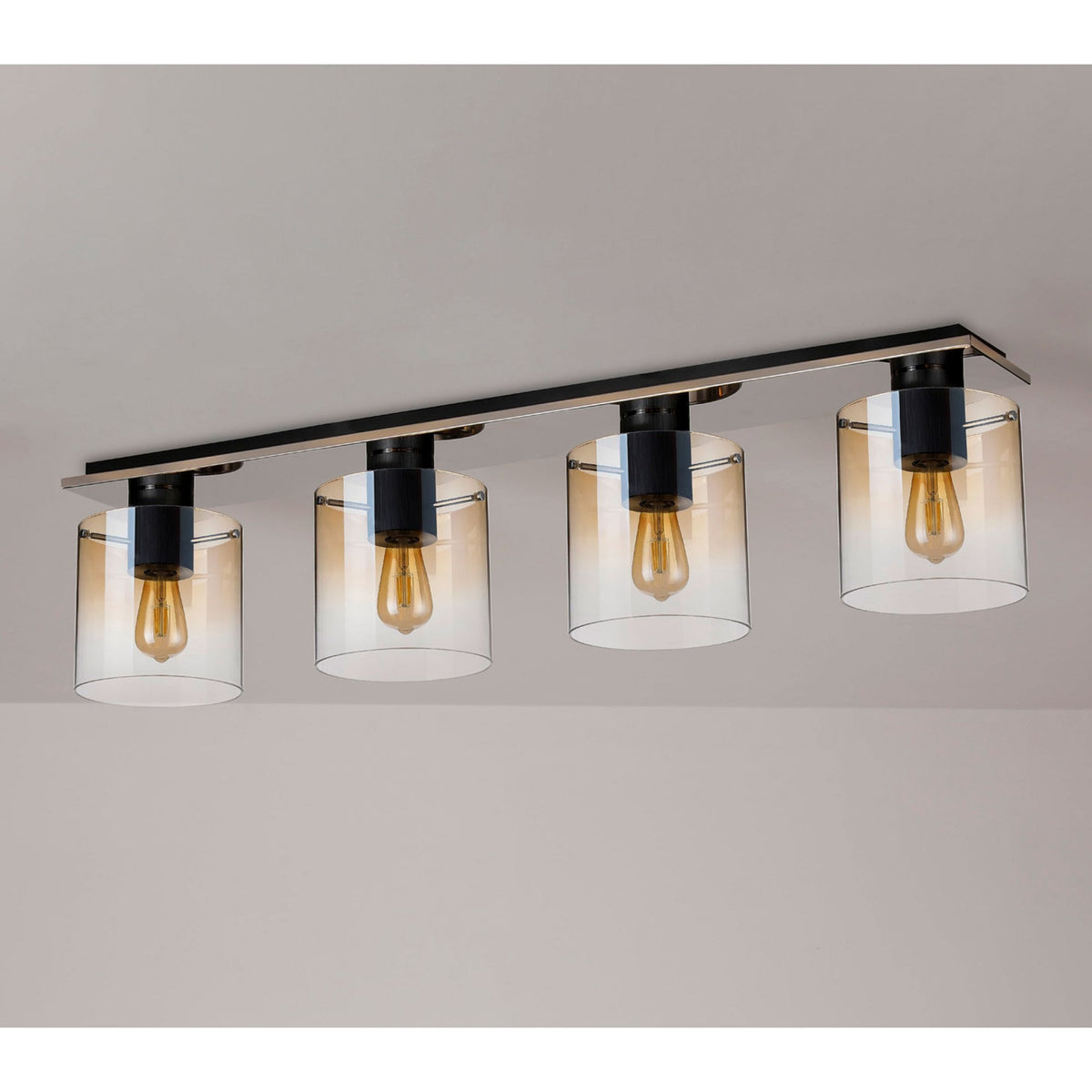 Belstone 4 Light Linear Ceiling Light in Black & Chrome with Amber Fade Glass