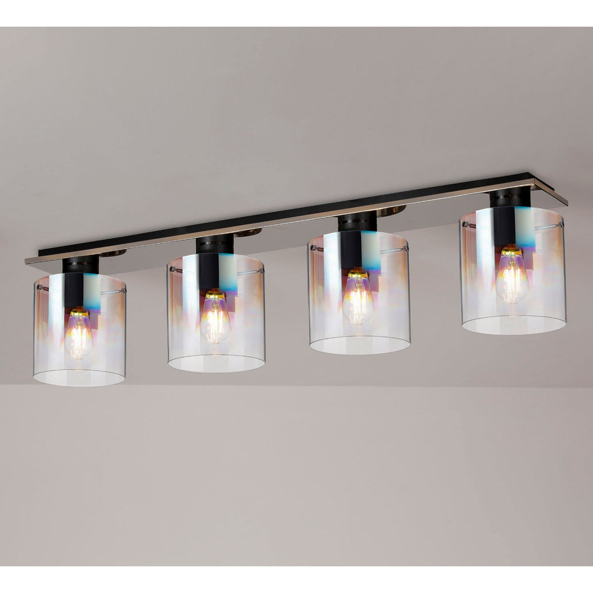Belstone 4 Light Linear Ceiling Light in Black & Chrome with Iridescent Fade Glass