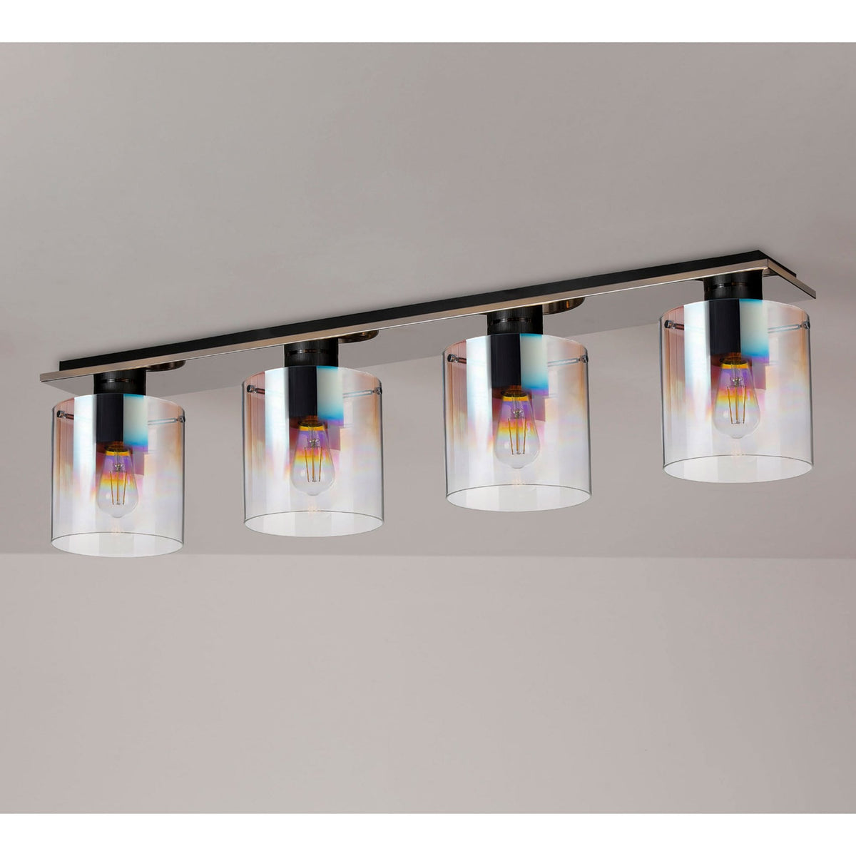 Belstone 4 Light Linear Ceiling Light in Black & Chrome with Iridescent Fade Glass