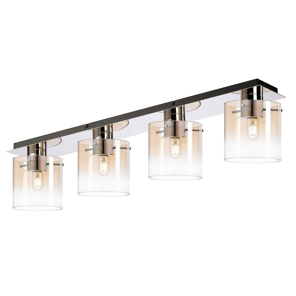 Belstone 4 Light Linear Ceiling Light in Polished Nickel & Black with Amber Fade Glass