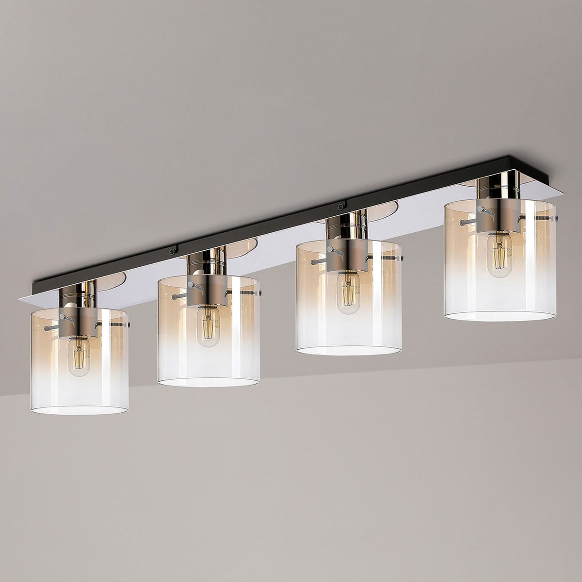 Belstone 4 Light Linear Ceiling Light in Polished Nickel & Black with Amber Fade Glass