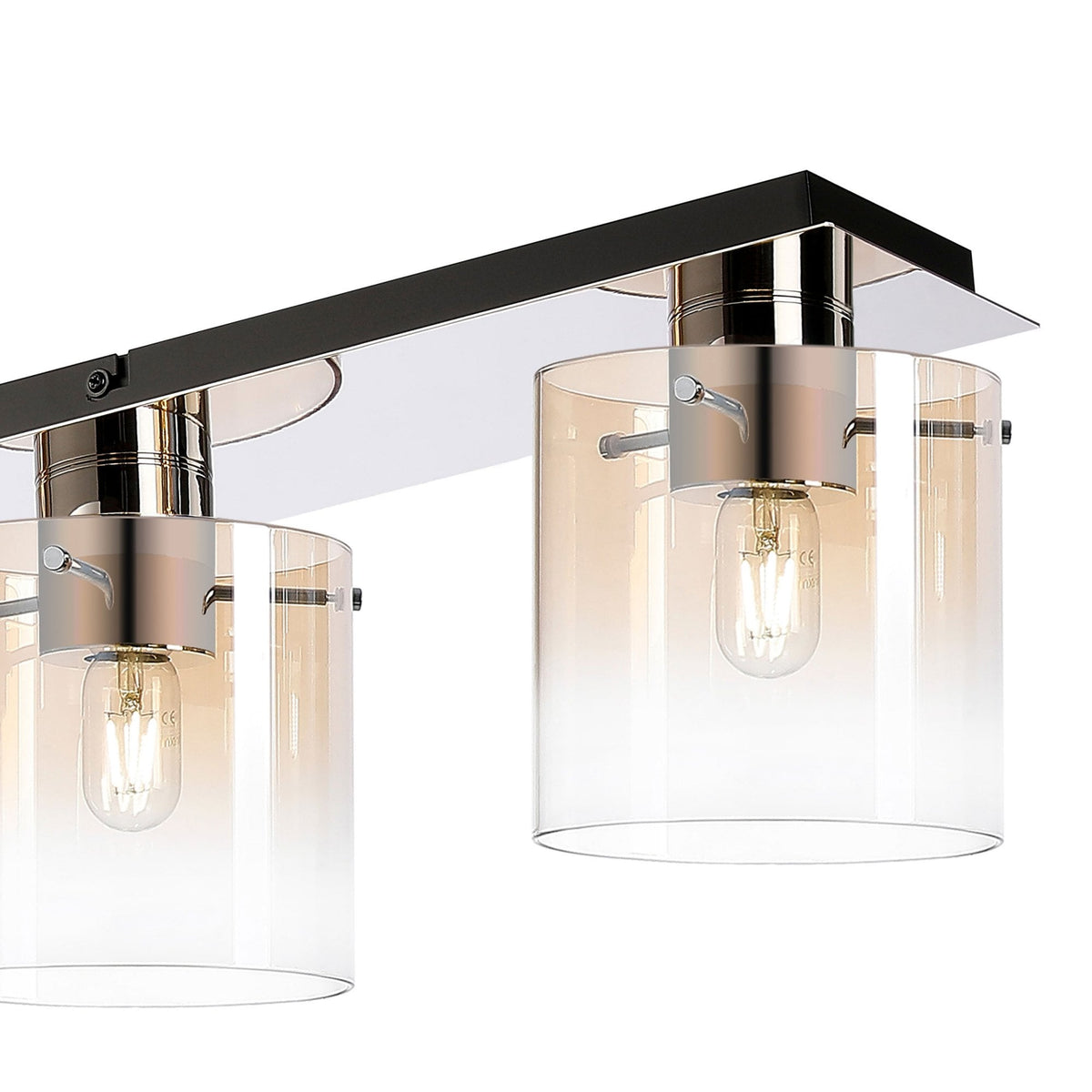 Belstone 4 Light Linear Ceiling Light in Polished Nickel & Black with Amber Fade Glass