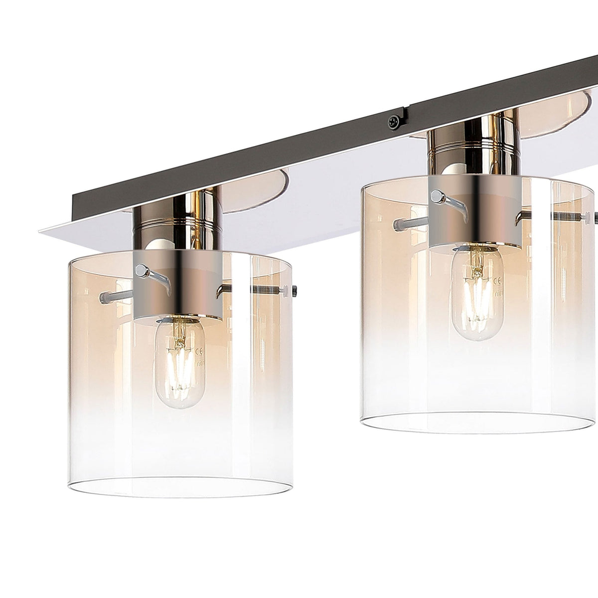 Belstone 4 Light Linear Ceiling Light in Polished Nickel & Black with Amber Fade Glass