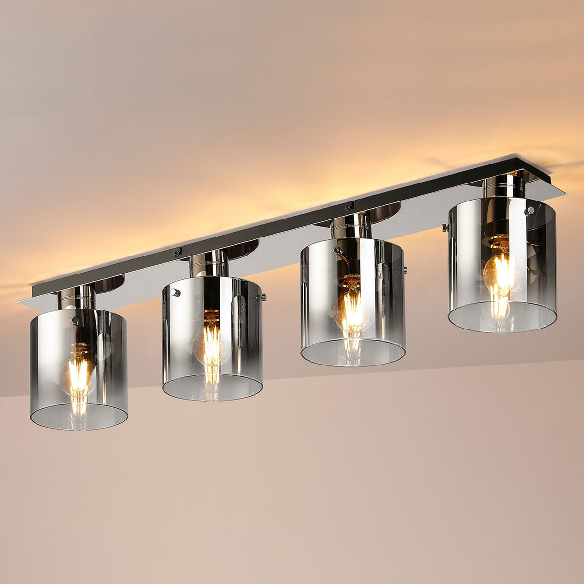 Belstone 4 Light Linear Ceiling Light in Polished Nickel & Black with Smoke Fade Glass