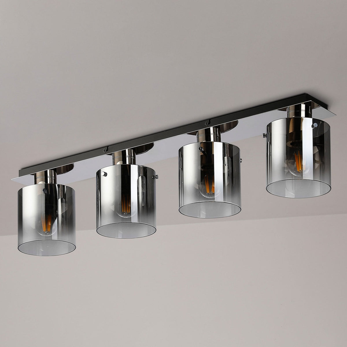 Belstone 4 Light Linear Ceiling Light in Polished Nickel & Black with Smoke Fade Glass