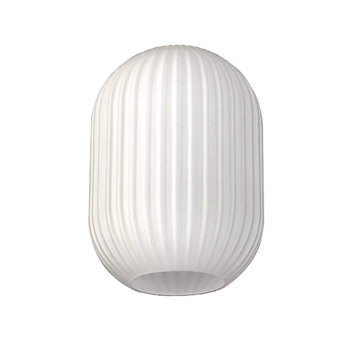 A white fluted glass shade, shaped like an elongated capsule, for a pendant light fitting.