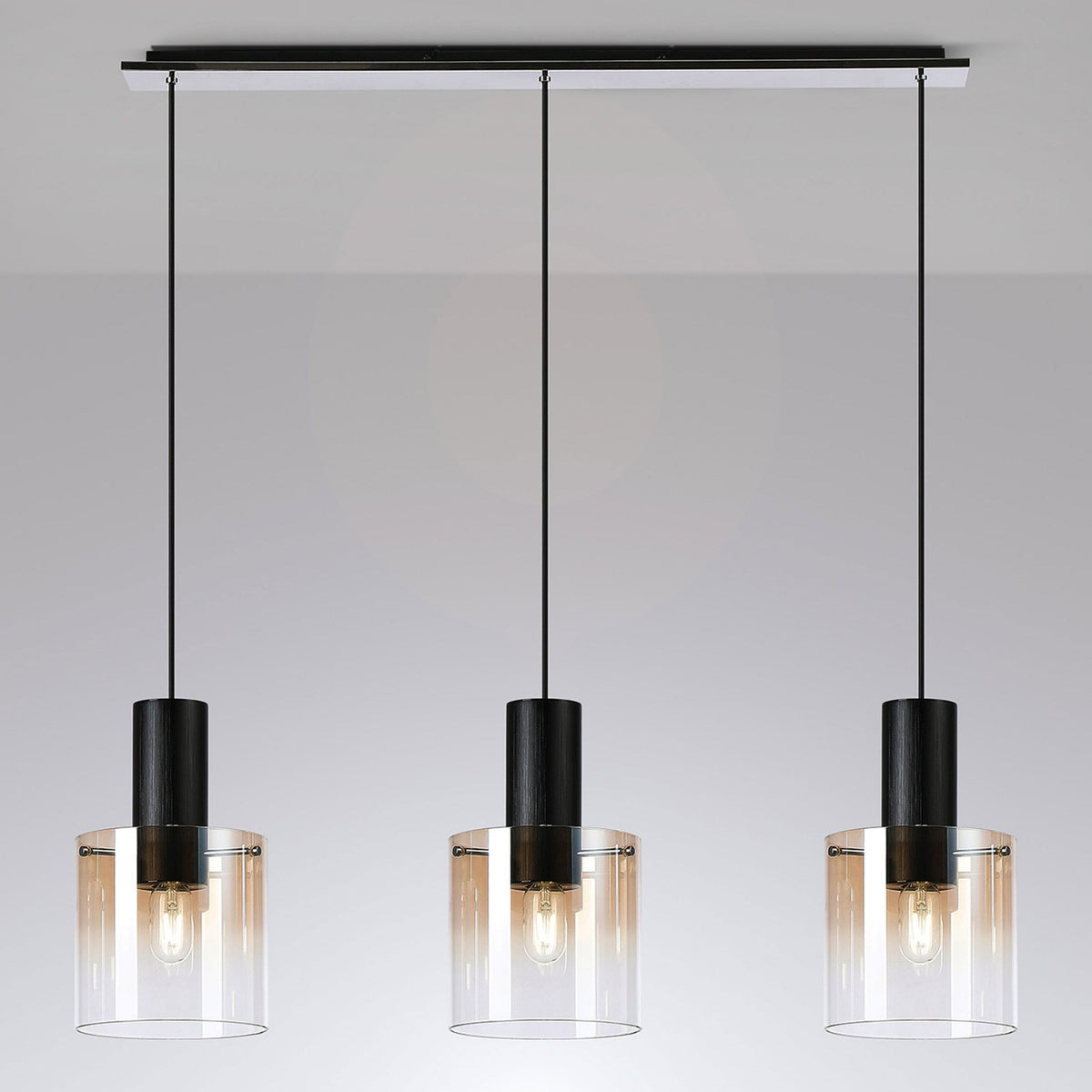 Belstone Triple Linear Pendant in Black & Chrome with Amber Fade Glass