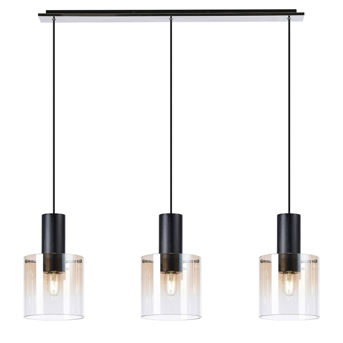 Belstone Triple Linear Pendant in Black & Chrome with Amber Fade Glass
