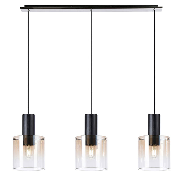 Belstone Triple Linear Pendant in Black & Chrome with Amber Fade Glass