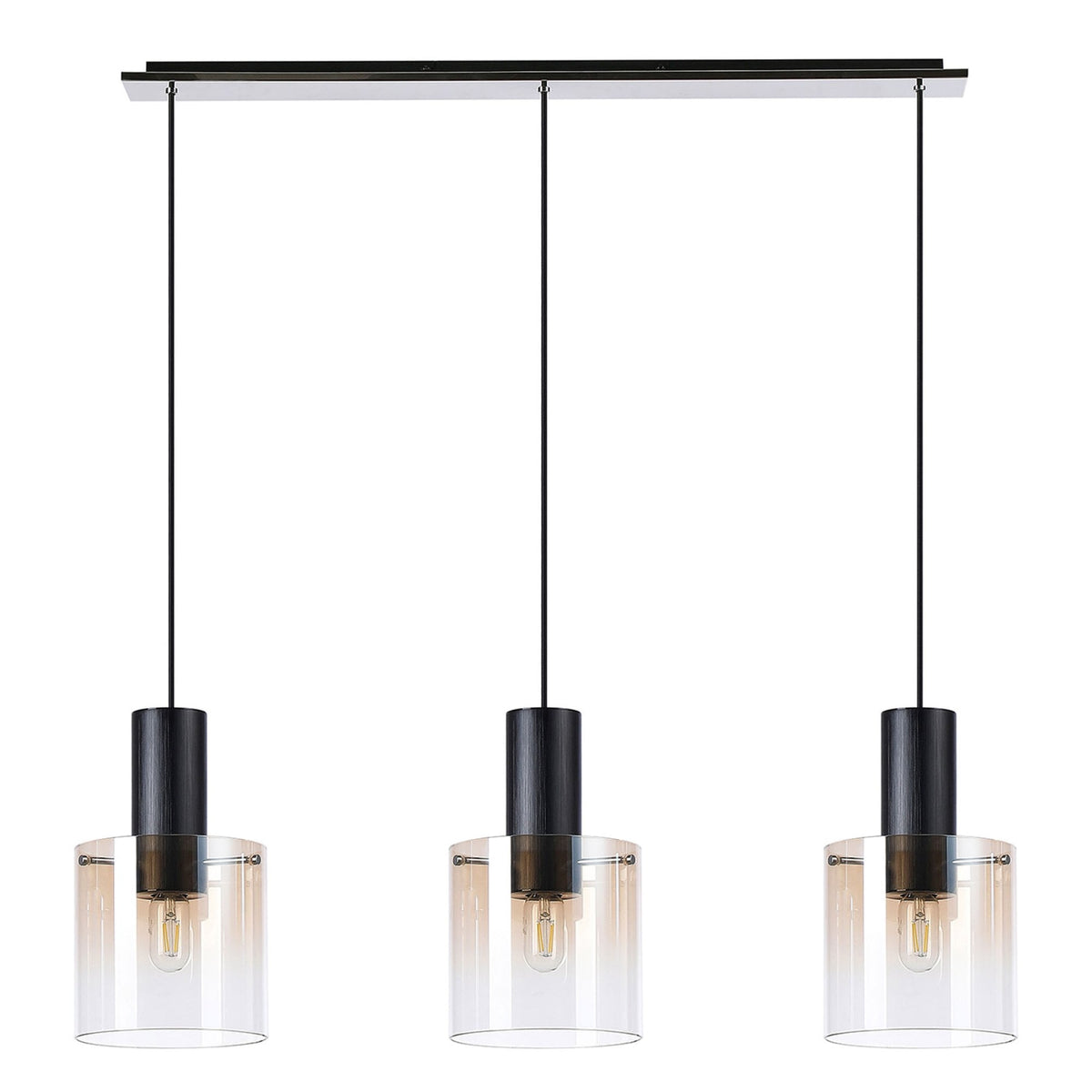 Belstone Triple Linear Pendant in Black & Chrome with Amber Fade Glass