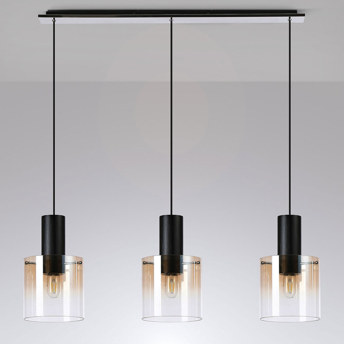 Belstone Triple Linear Pendant in Black & Chrome with Amber Fade Glass