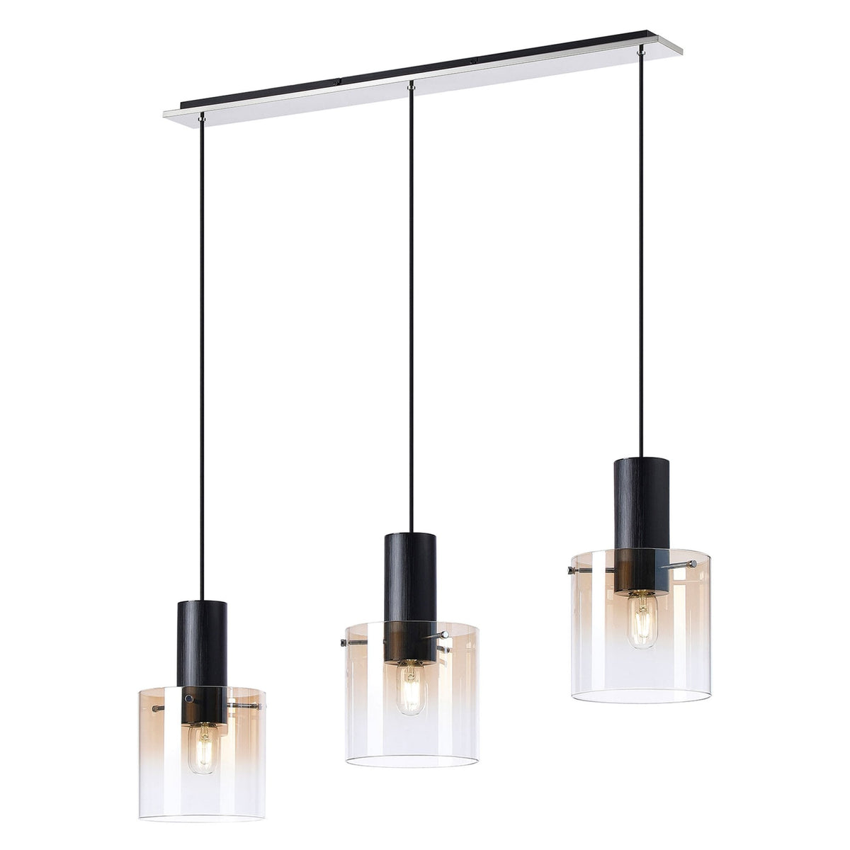 Belstone Triple Linear Pendant in Black & Chrome with Amber Fade Glass