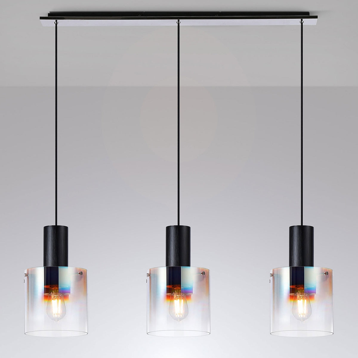 Belstone Triple Linear Pendant in Black & Chrome with Iridescent Fade Glass