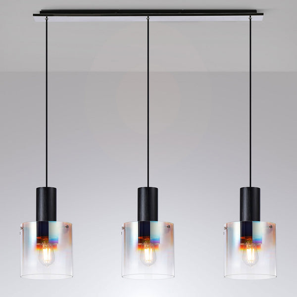 Belstone Triple Linear Pendant in Black & Chrome with Iridescent Fade Glass