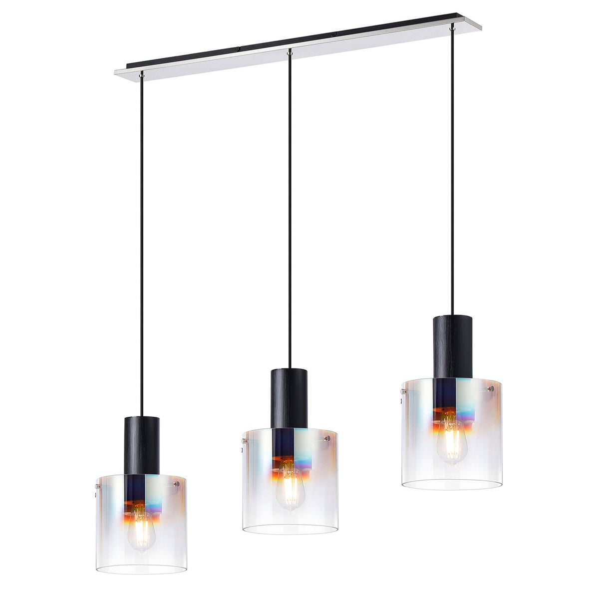 Belstone Triple Linear Pendant in Black & Chrome with Iridescent Fade Glass