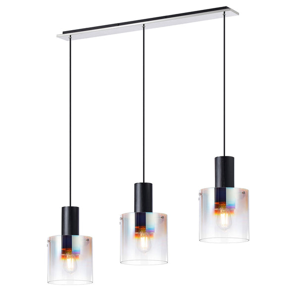 Belstone Triple Linear Pendant in Black & Chrome with Iridescent Fade Glass