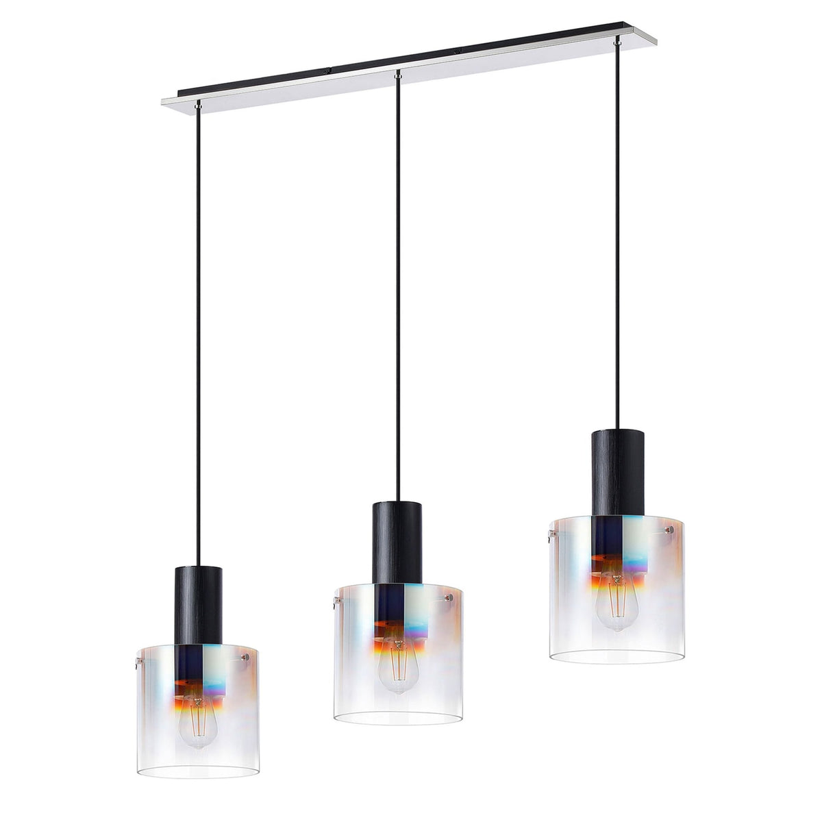 Belstone Triple Linear Pendant in Black & Chrome with Iridescent Fade Glass