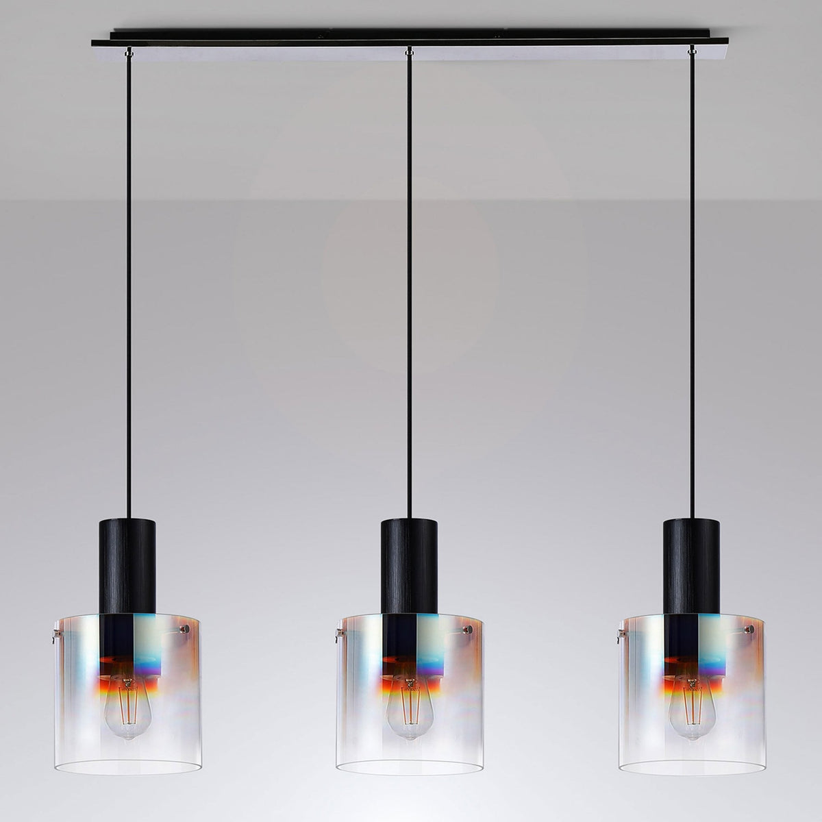 Belstone Triple Linear Pendant in Black & Chrome with Iridescent Fade Glass