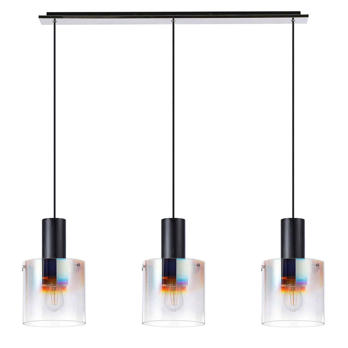 Belstone Triple Linear Pendant in Black & Chrome with Iridescent Fade Glass