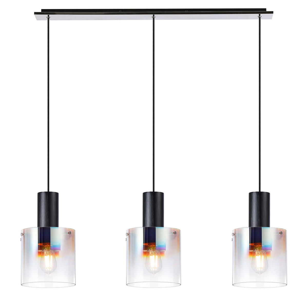 Belstone Triple Linear Pendant in Black & Chrome with Iridescent Fade Glass