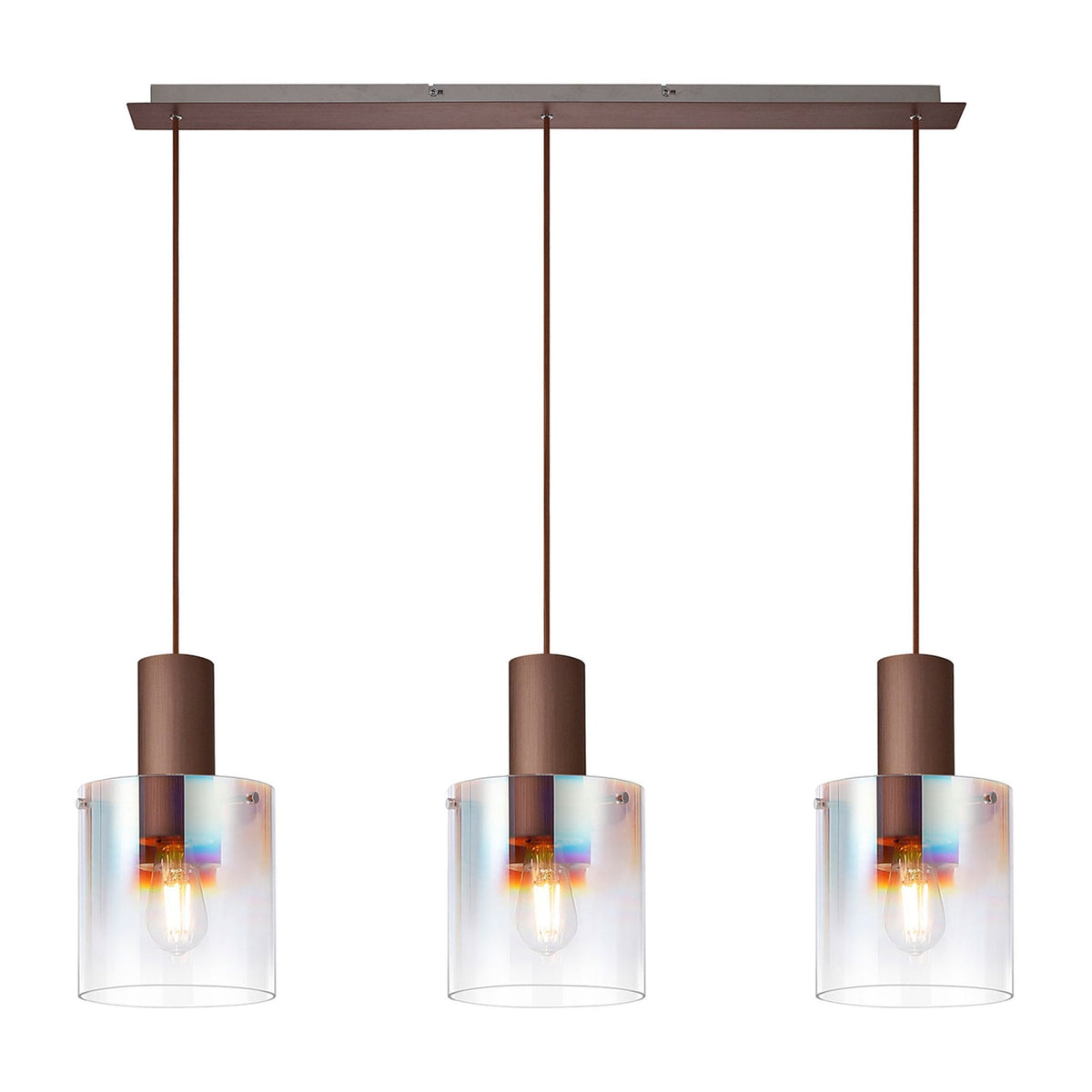Three hanging pendant lights with clear shades and bronze accents on a white background.