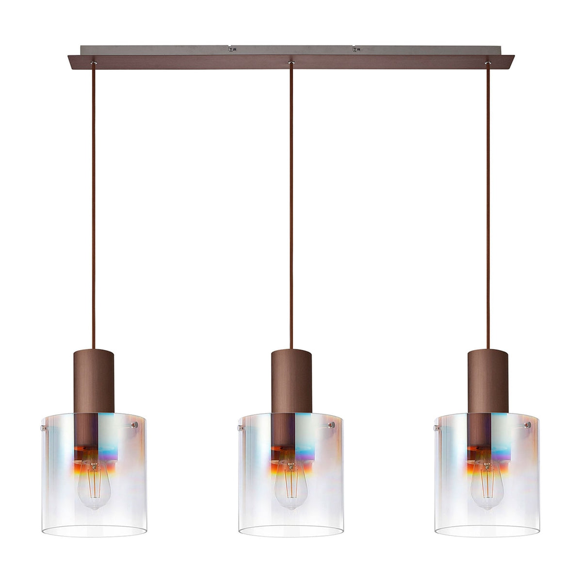 Three identical pendant lights with clear glass shades and bronze cylindrical tops.