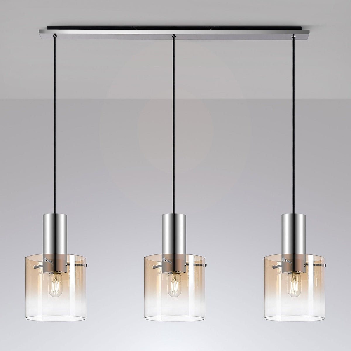 Belstone Triple Linear Pendant in Polished Nickel & Black with Amber Fade Glass