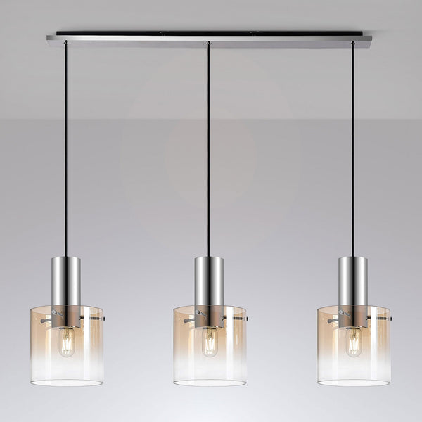 Belstone Triple Linear Pendant in Polished Nickel & Black with Amber Fade Glass