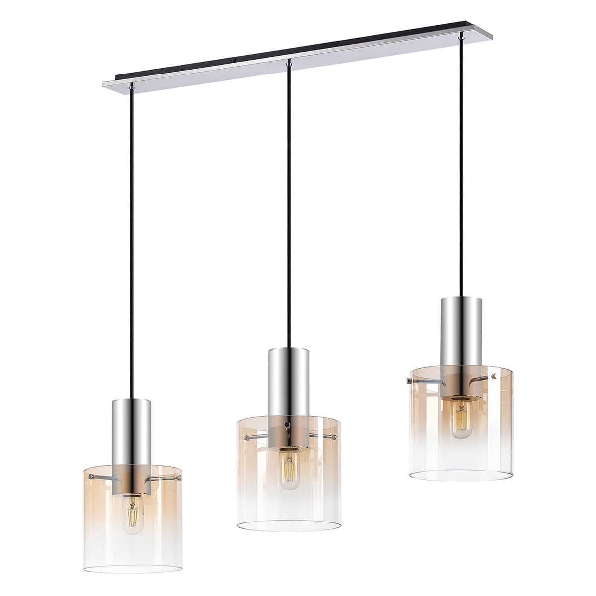 Belstone Triple Linear Pendant in Polished Nickel & Black with Amber Fade Glass