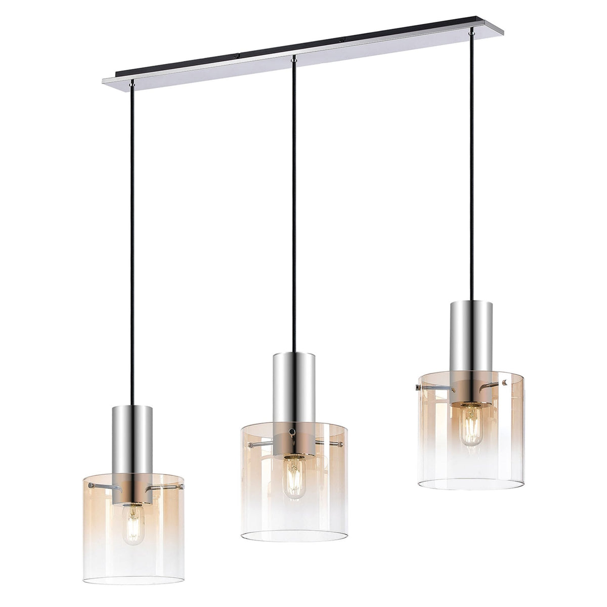 Belstone Triple Linear Pendant in Polished Nickel & Black with Amber Fade Glass