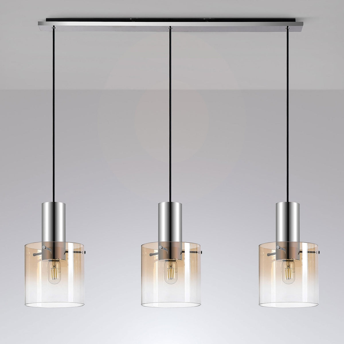 Belstone Triple Linear Pendant in Polished Nickel & Black with Amber Fade Glass