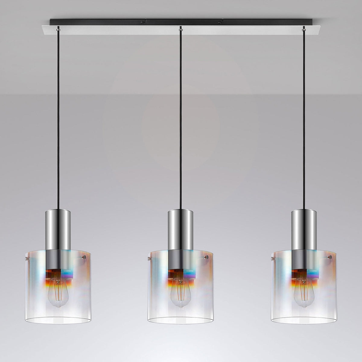 Belstone Triple Linear Pendant in Polished Nickel & Black with Iridescent Fade Glass
