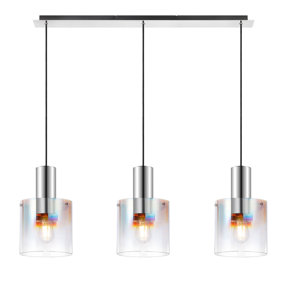 Belstone Triple Linear Pendant in Polished Nickel & Black with Iridescent Fade Glass