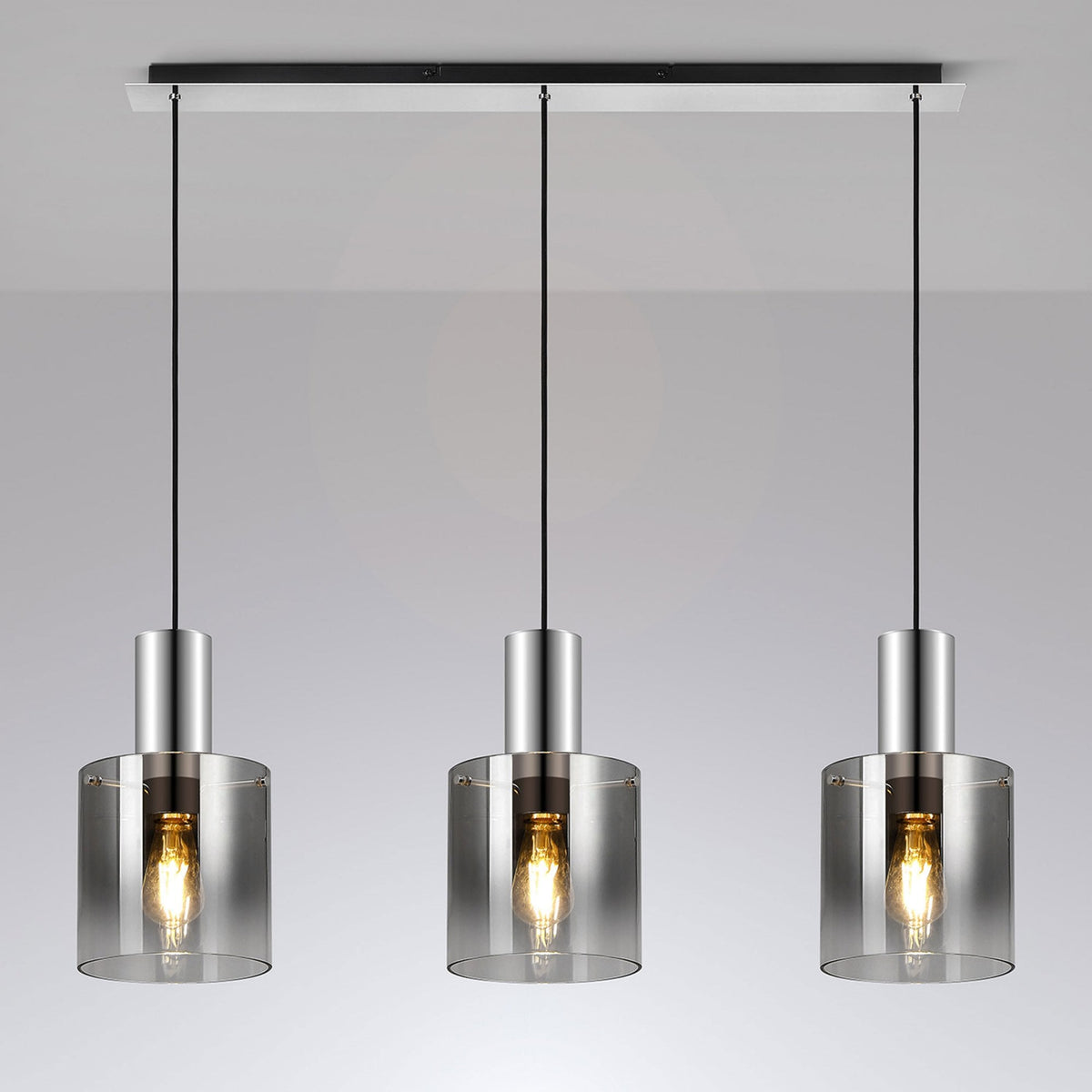 Belstone Triple Linear Pendant in Polished Nickel & Black with Smoke Fade Glass