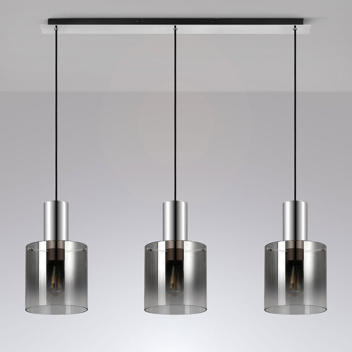 Belstone Triple Linear Pendant in Polished Nickel & Black with Smoke Fade Glass