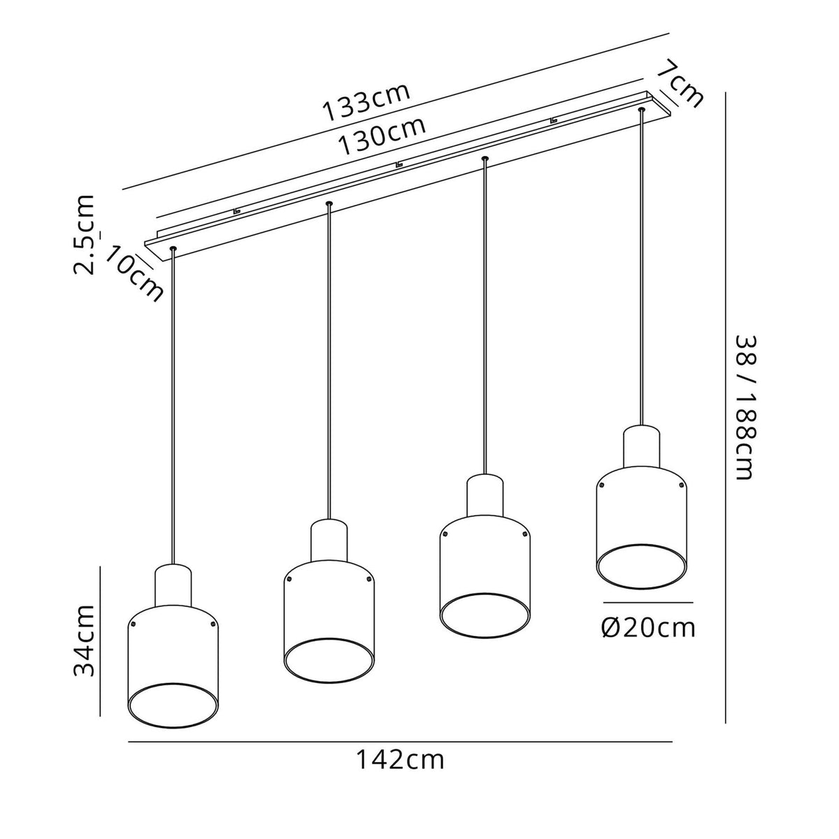 Belstone 4 Drop Linear Pendant in Polished Nickel & Black with Smoke Fade Glass
