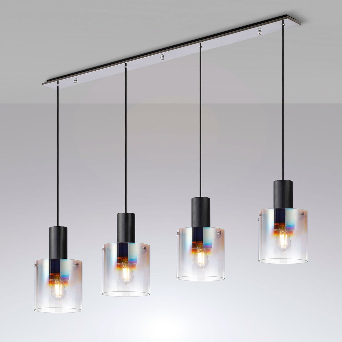 Belstone 4 Drop Linear Pendant in Black & Chrome with Iridescent Fade Glass