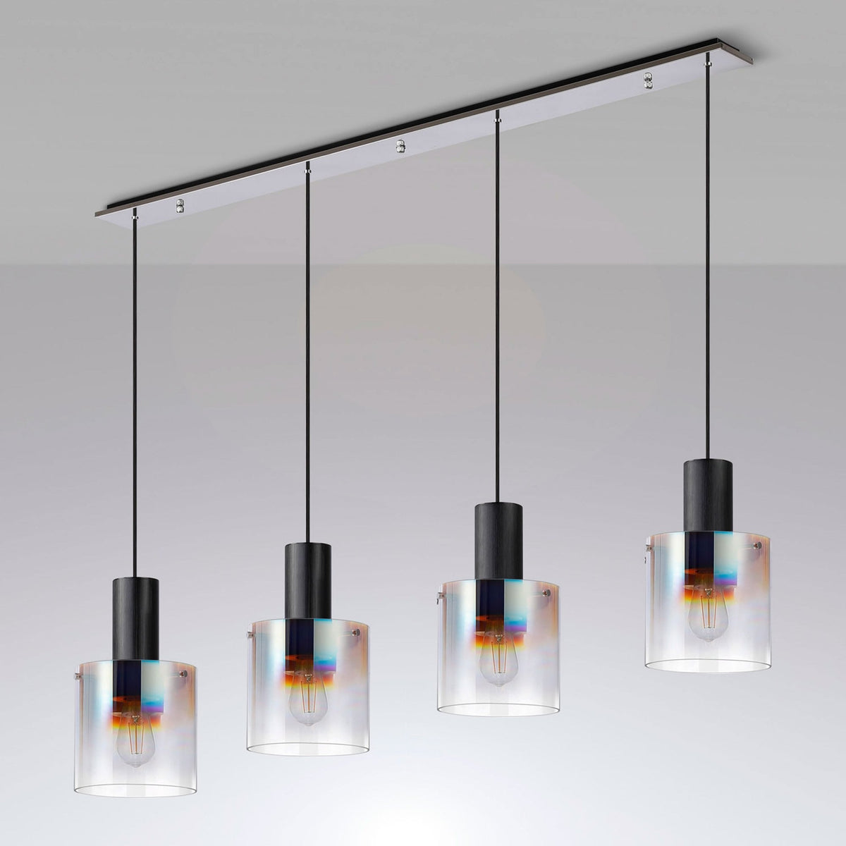 Belstone 4 Drop Linear Pendant in Black & Chrome with Iridescent Fade Glass