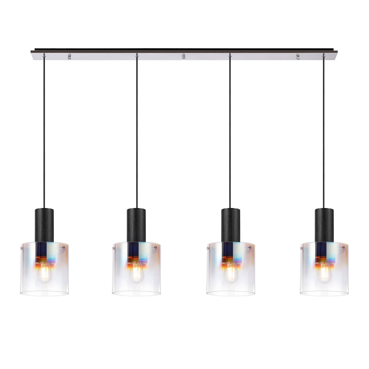 Belstone 4 Drop Linear Pendant in Black & Chrome with Iridescent Fade Glass