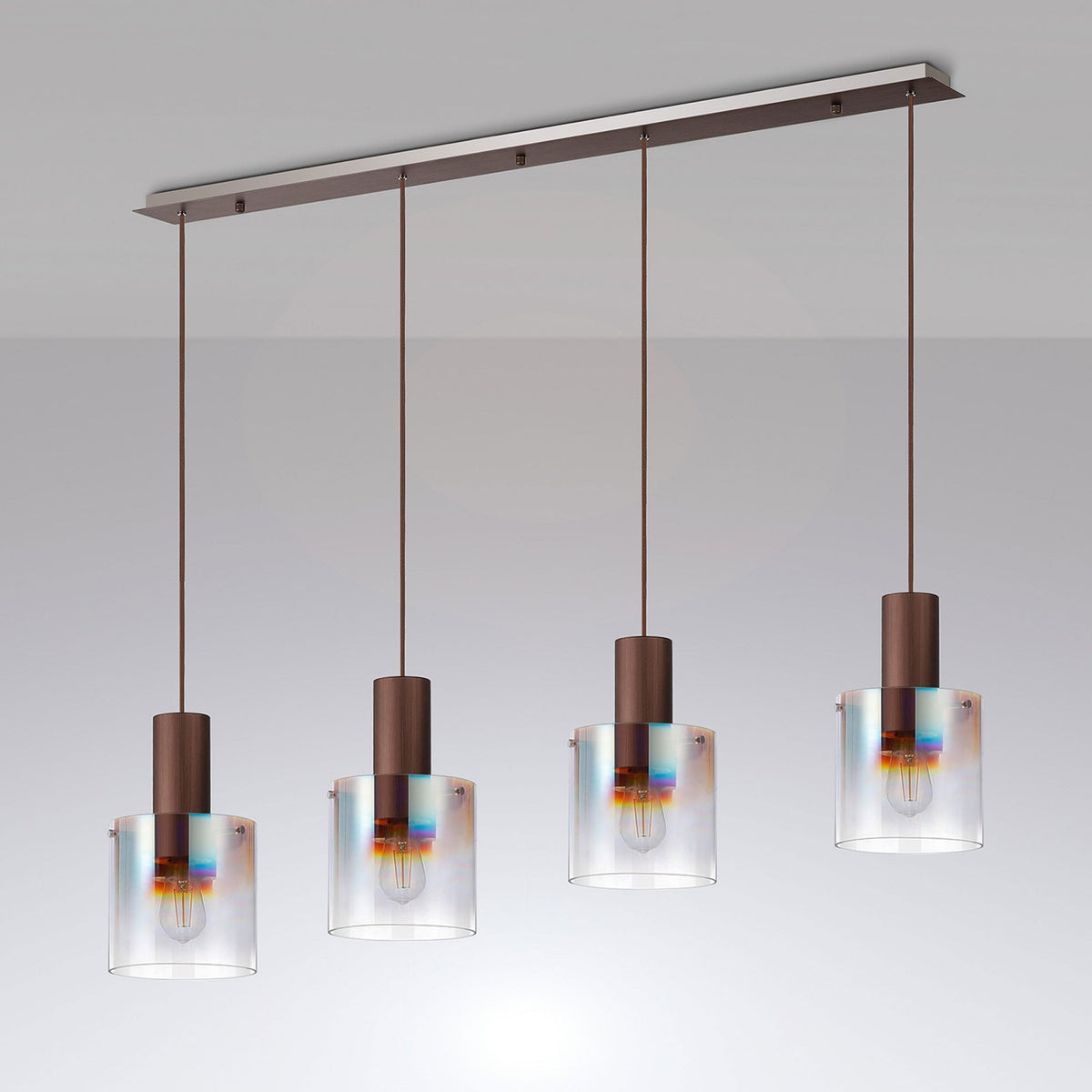 Belstone 4 Drop Linear Pendant in Mocha with Iridescent Fade Glass