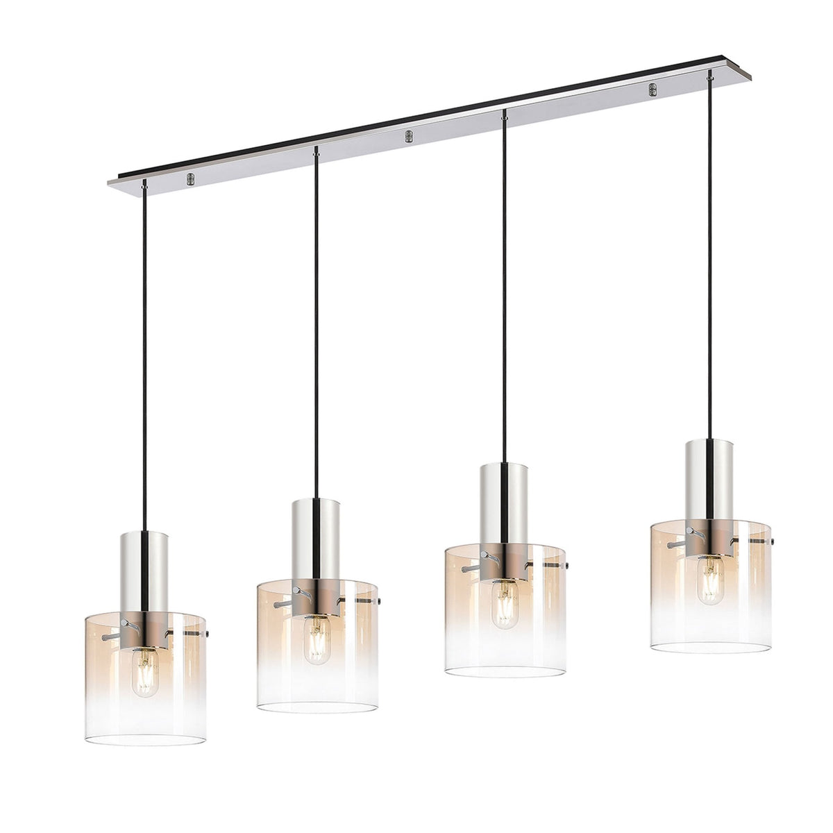 Four amber glass pendant lights with chrome accents hang from a rectangular bar against a white background.