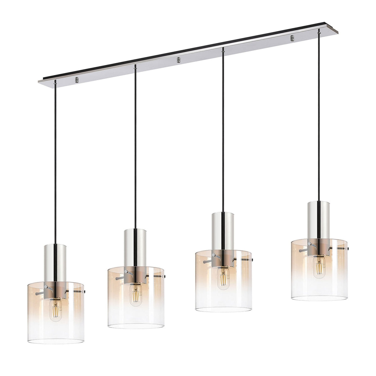 Linear ceiling light with four amber-tinted glass shades and chrome fittings on a white background.