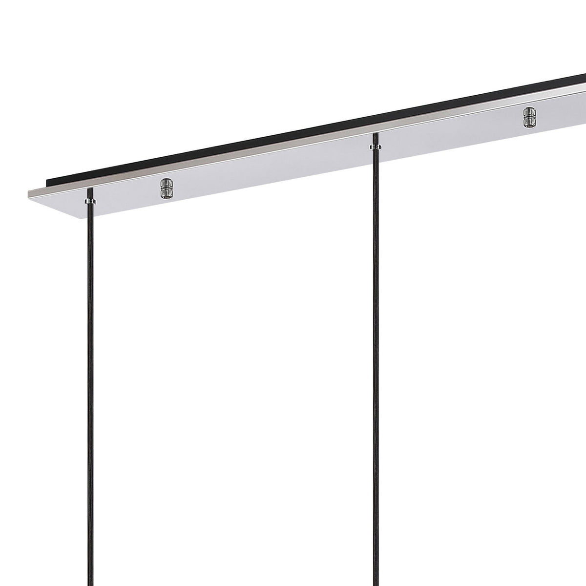 Close-up of the chrome ceiling bar and black suspension cables for a four-light pendant fixture.