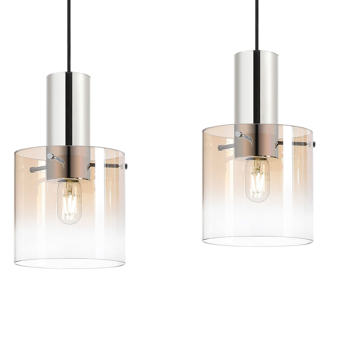 Two amber-tinted glass pendant lights with chrome fittings on a white background.