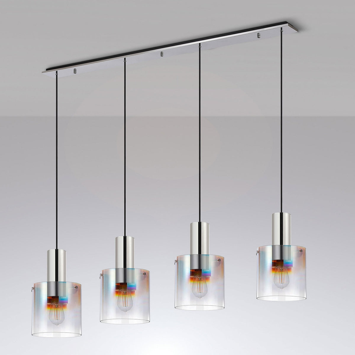 Belstone 4 Drop Linear Pendant in Polished Nickel & Black with Iridescent Fade Glass