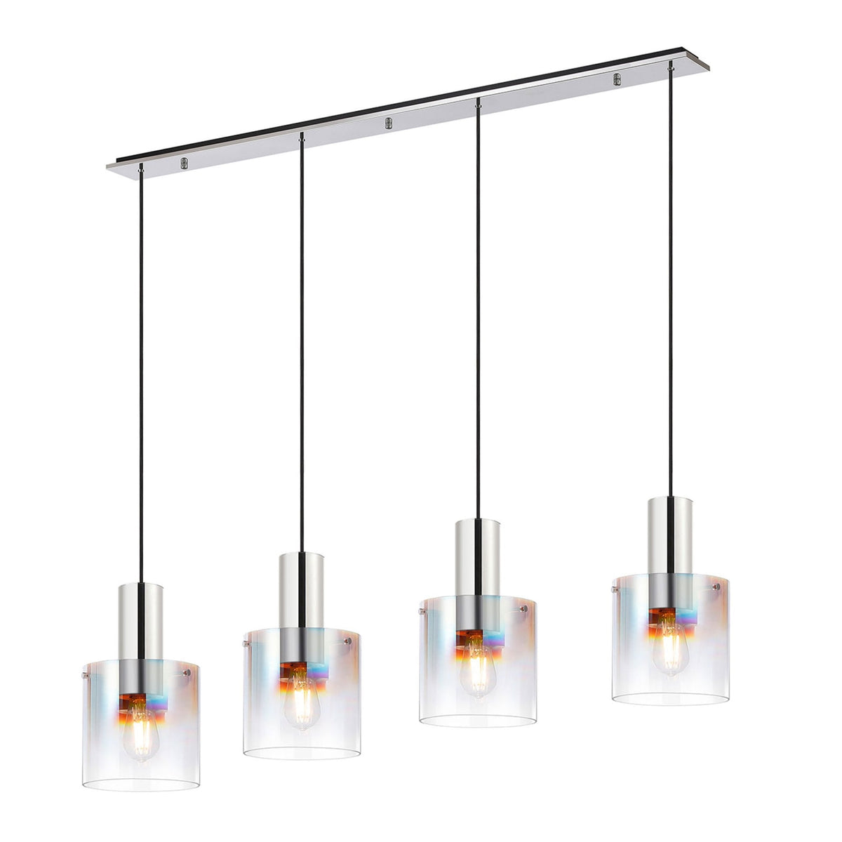 Belstone 4 Drop Linear Pendant in Polished Nickel & Black with Iridescent Fade Glass