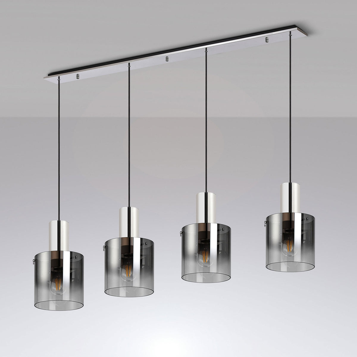 Belstone 4 Drop Linear Pendant in Polished Nickel & Black with Smoke Fade Glass